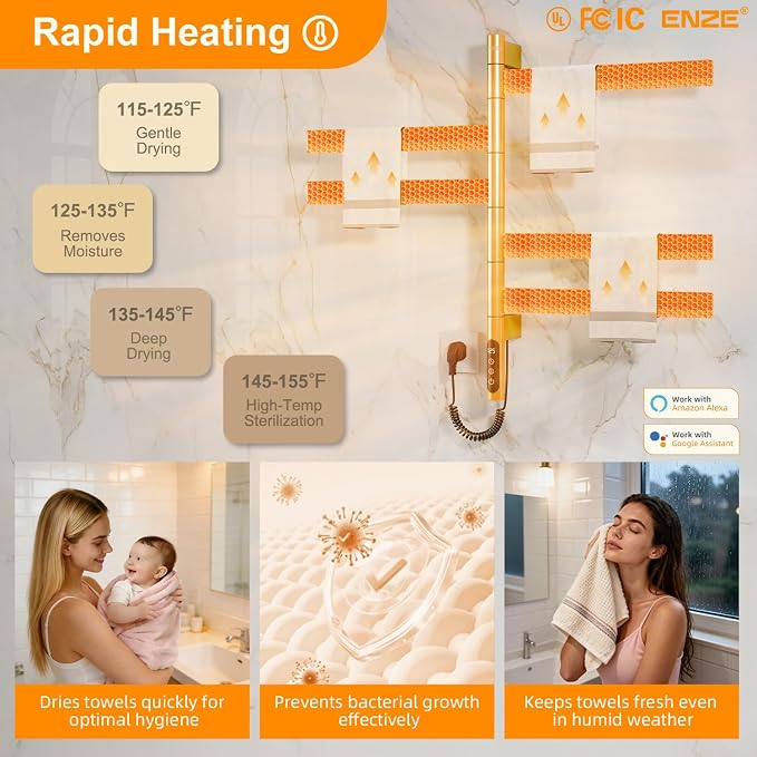 ENZE Smart Rotating Heated Towel Rack for Bathroom, 5-Bar Wall-Mounted Electric Towel Warmer with Swivel Bars, Wi-Fi App Control, 24H Timer, Stainless Steel, IPX5, Hardwired/Plug-in, Gold