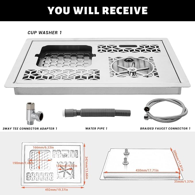 Glass Rinser, Stainless Automatic Glass Cup Washer Drain and Drip Tray,Stainless Steel Bar Glass Rinser for Home Kitchen Hotel Cafe Restaurant (19.37x14.17 Inch-silver)