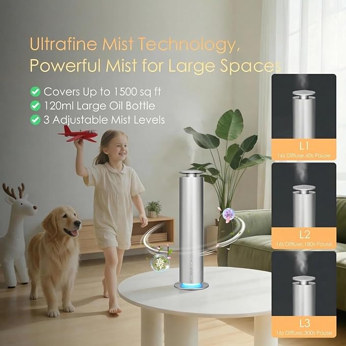Somniare Waterless Essential Oil Diffuser, 1500 Sq. Ft Coverage Quiet Scent Diffusers for Homes, Hotels, Spas, Adjustable Mist, Included 5 Scent Oils(3.3OZ), Safe for Kids&Pets, Silver