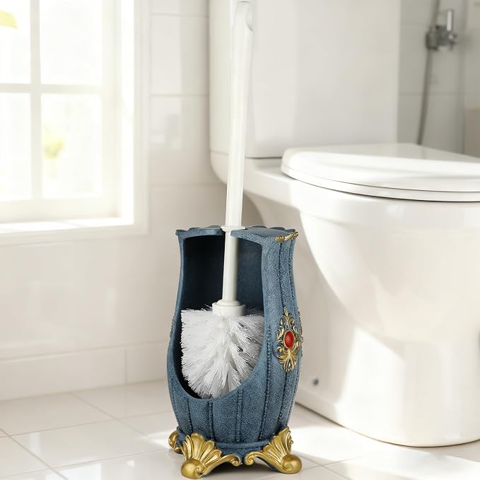 Vintage Toilet Brush Holder Set for Bathroom, Baroque Stylish Toilet Cleaning Brush and Holder with Wide-Mouth Storage Heavy Solid Base (Blue & Gold)