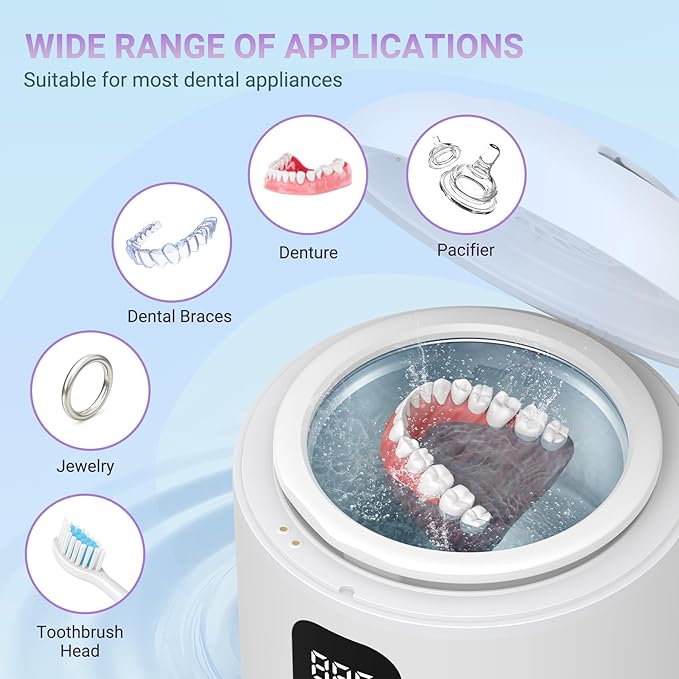 Ultrasonic Retainer Cleaner 25W Portable Ultrasonic Denture Cleaner Multi-Mode 45KHz with Drying and Removable Inner for Dental Trays, Braces, Jewelry, Toothbrushes, Mouth Guards, Aligners,Ring White