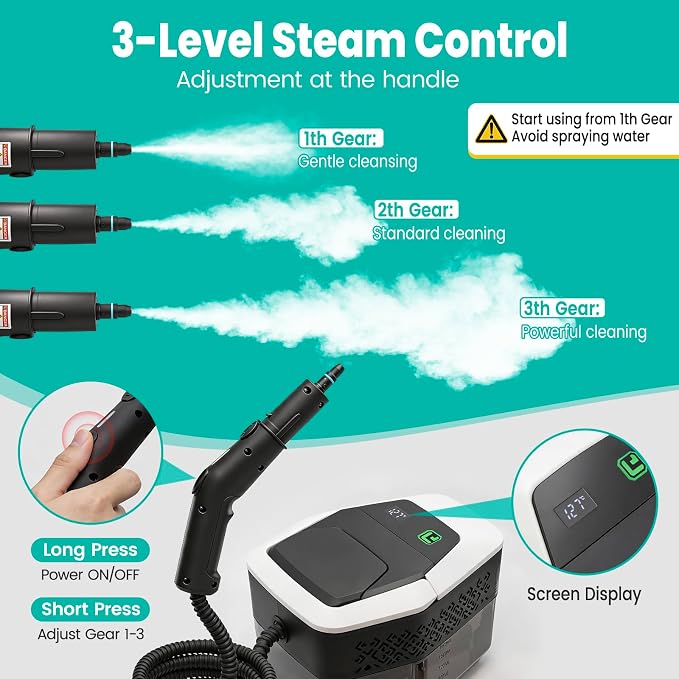 Portable Handheld Steam Cleaner, 4Bar High Pressure Steamer, 15s Fast Heat Up, 3Level Adjustable Handle, 1800ml Large Tank, 20 Accessories for Home, Car Detailing, Grout, Tile, Carpet Cleaning