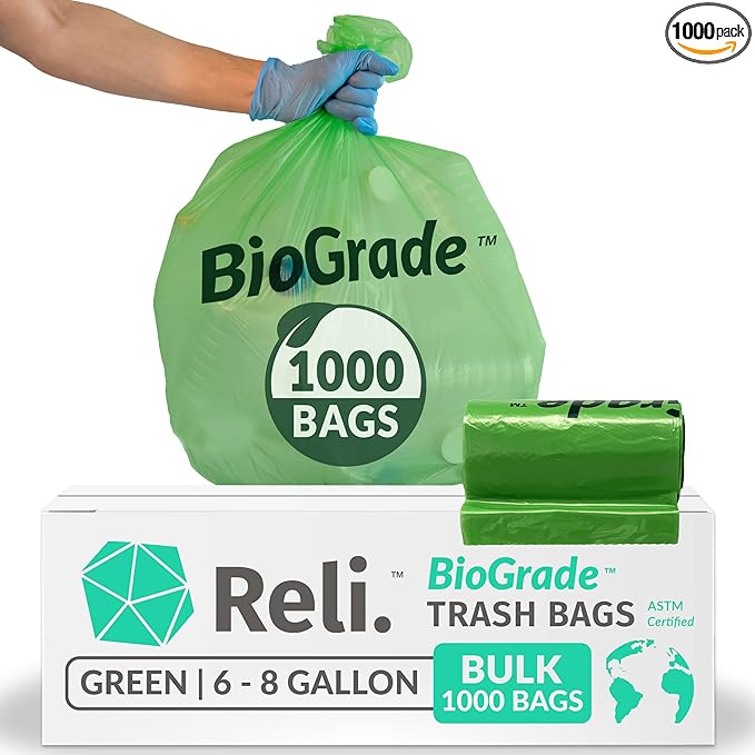 Reli. Biodegradable 6-8 Gallon Trash Bags | 1000 Count Bulk | ASTM D6954 | Green | Eco-Friendly | Oxobiodegradable Under Certain Conditions (See Product Description)