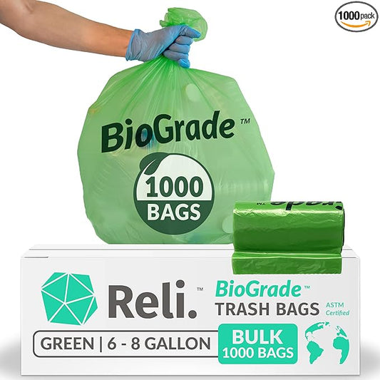 Reli. Biodegradable 6-8 Gallon Trash Bags | 1000 Count Bulk | ASTM D6954 | Green | Eco-Friendly | Oxobiodegradable Under Certain Conditions (See Product Description)