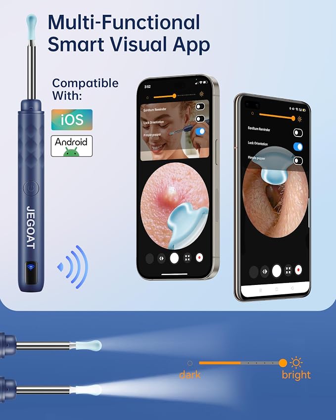 Jegoat Ear Wax Removal, Ear Wax Removal Tool Camera with 1296P HD Camera and 6 LED Lights, Ear Cleaner with 10 Ear Pick, Upgraded Ear Wax Removal Kit for iOS and Android, Navy Blue