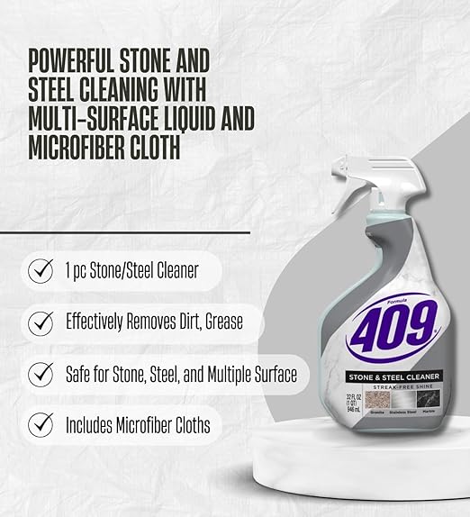 Formula 409 Stone/Steel Cleaner 32 oz Spray and Formula 409 Original Scent Multi-Surface Cleaner Liquid 64 oz Bundle with Microfiber Auto Cleaning Cloth – Stone and Countertop Care Gift Set (4 Items)