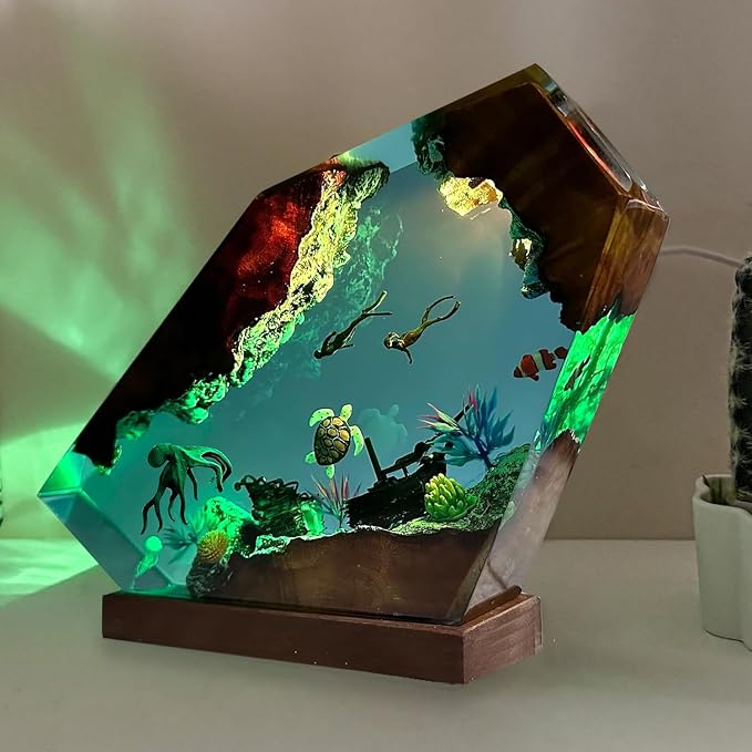 Handcrafted Octopus Resin Lamp, RGB Ocean Night Light with Wooden Base,Ocean Decor for Home Office, Scuba Diving Gifts for Him & Her, Unique Birthday & Valentine's Day Gifts (L 10"X6")