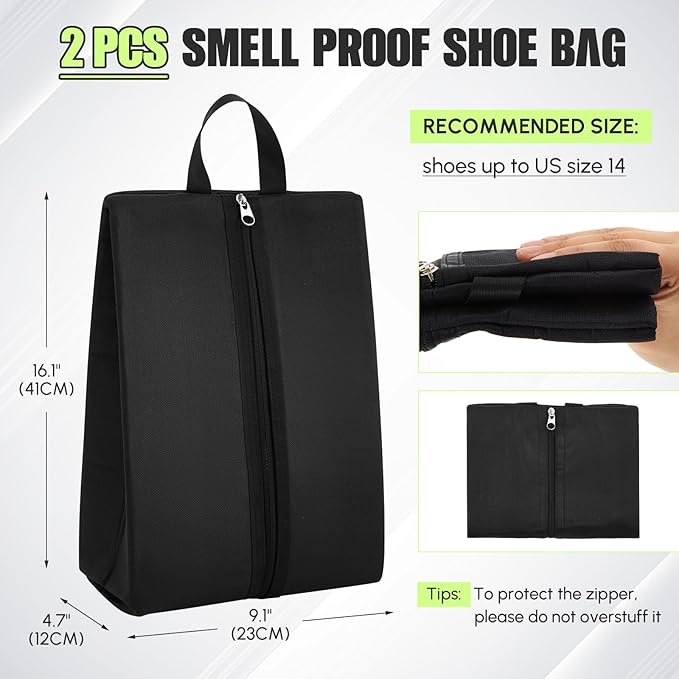 Leinuosen 2 Pcs Smell Proof Cleat Bag for Sport, Odor & Water Resistant, Soccer Football Baseball Golf Shoe Bag with Active Carbon Fabric for Gym & Travel, Fits up to Us Size 14 (Black)