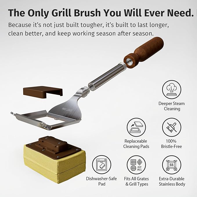 East Oak 16“ Bristle-Free Grill Brush, 2mm Thick Stainless Steel Rod, Heat-Resistant Aramid Sponge Head (900°F), Steam Cleaning Brush with Scraper, Safe for Cast Iron & Stainless Steel Grates