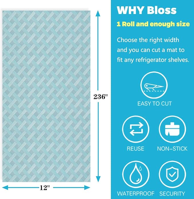 Bloss Refrigerator Liners 12" x 236", Easy to Clean Fridge Shelf Liners Non-Slip Refrigerator Mats for Shelves,Cabinet, Drawer Liners, Cupboard, Blue