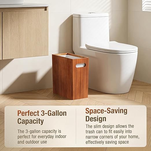 3 Gallon Wood Trash Can, Solid Wooden Trash Can with Plastic Liner, Handmade Slim Small Trash Can with Handle Fits Narrow Spaces, Decorative Wastebasket for Bathroom, Bedroom, Office, Kitchen