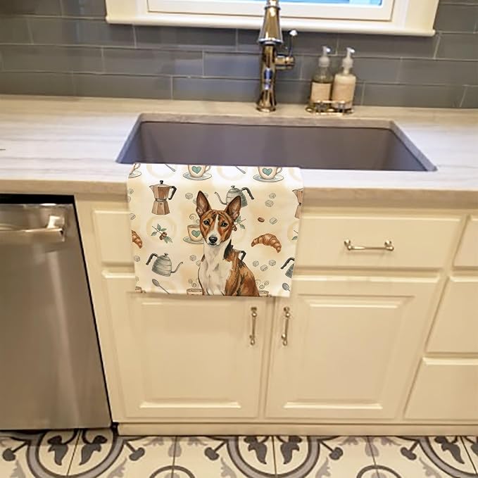 Caroline's Treasures Brindle and White Basenji Coffee Bar Kitchen Towel Velour Plush Front and Cotton Loop Back Machine Washable