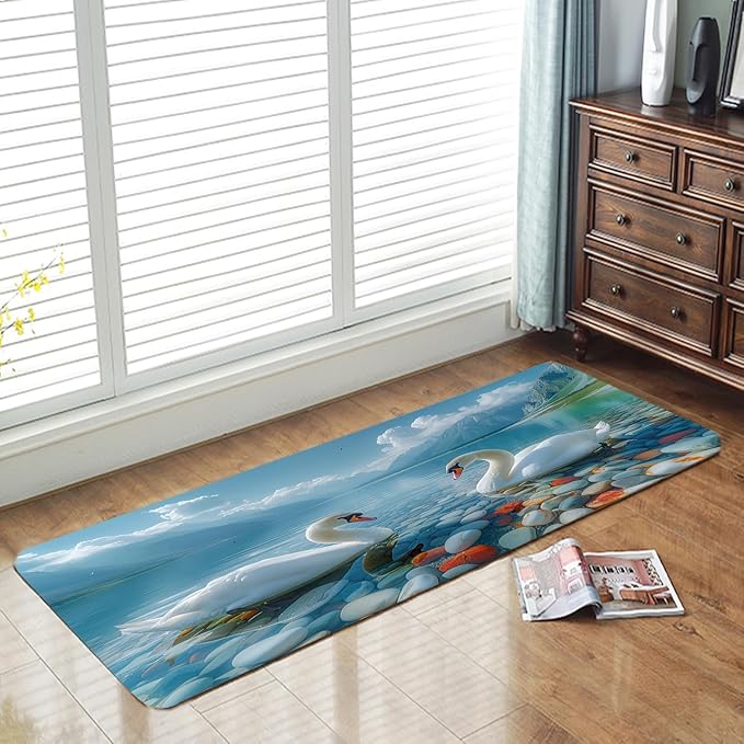 WODEJIA Non Slip Bath Rugs Sponge Foam for Bathroom,Flannel Mat Rug for Living Room, Absorbent MatS for Forlaundry Room and Kitchen,Swans On The Water Welcome Mat 47x18 Inches