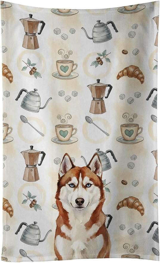 Caroline's Treasures Red and White Siberian Husky Coffee Bar Kitchen Towel Velour Plush Front and Cotton Loop Back Machine Washable