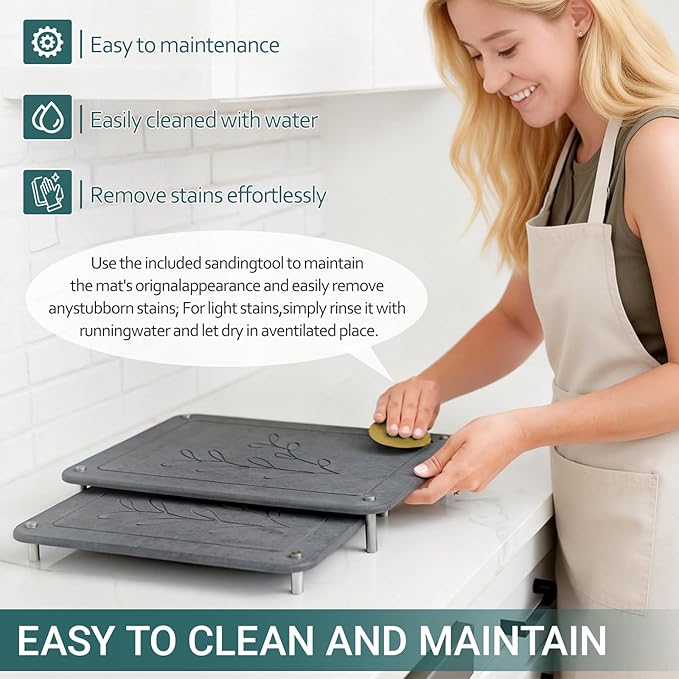 3Pcs Nesting Diatomaceous Earth Stone Drying Mat, Superior Water Absorption Quick Drying Dish Mat with Non-Slip Feet for Stability, Easy to Clean, Ideal for Kitchen Counter Sink Area