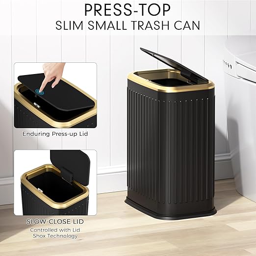 Bathroom Trash Can with Lid 8L/2.1 Gallon Black Trash Can Small Garbage Can with Press Top Lid Slim Stainless Steel Garbage Can with 100 Counts Trash Bags for Bathroom Bedroom Kitchen Office Toilet