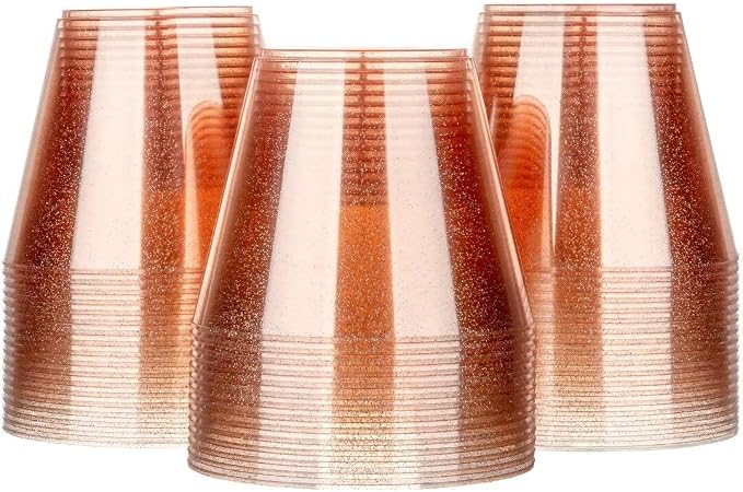 Homy Feel 9 Oz Rose Gold Glitter Plastic Cups - 100PCS, Disposable Cocktail & Wine Cups for Wedding Party, Valentine's Day