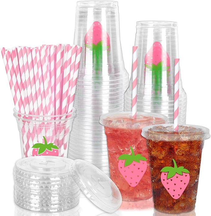 Whaline 50Pcs Strawberry Disposable Plastic Cups with Lids and Straws 12 Oz Pink Summer Fruit Cold Beverage Drinking Cups for Sweet One First Birthday Party Supplies Table Decor