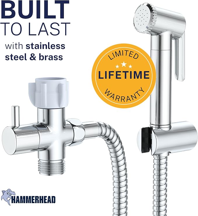 HammerHead Showers Solid Metal Adjustable Pressure Handheld Bidet Sprayer for Toilet, Handheld Bidet Attachment with 47-Inch Hose and Leak-Proof T-Valve, Jet Spray for Toilet, Muslim Shower, Chrome