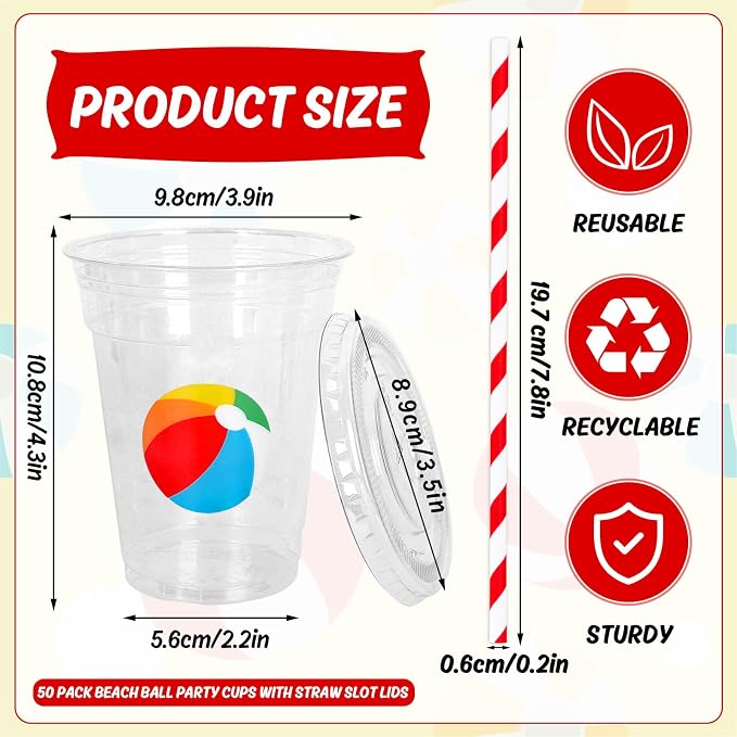 Whaline 50Pcs Beach Ball Disposable Plastic Cups with Lids and Straws 12Oz Summer Pool Ball Cold Beverage Drinking Cup for Beach Pool Birthday Party Supplies