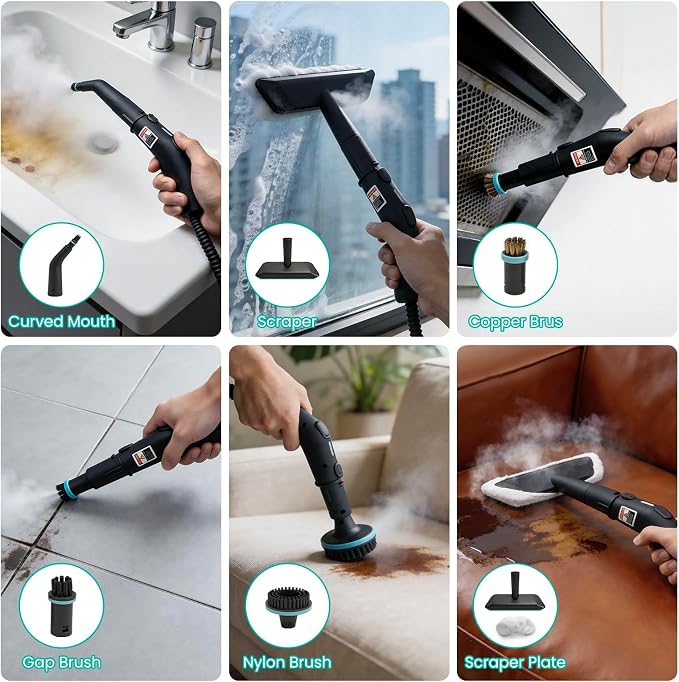 Portable Handheld Steam Cleaner, 4Bar High Pressure Steamer, 15s Fast Heat Up, 3Level Adjustable Handle, 1800ml Large Tank, 20 Accessories for Home, Car Detailing, Grout, Tile, Carpet Cleaning
