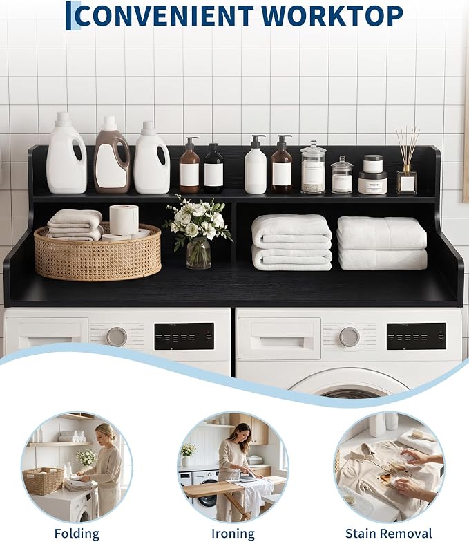 Takywep 2 Tiers Washer Dryer Countertop, 54" x 27.5" Washer Dryer Topper with Edge, Washer and Dryer Laundry Topper with Anti-Slip Pads & Anti-Vibration Mat, Black