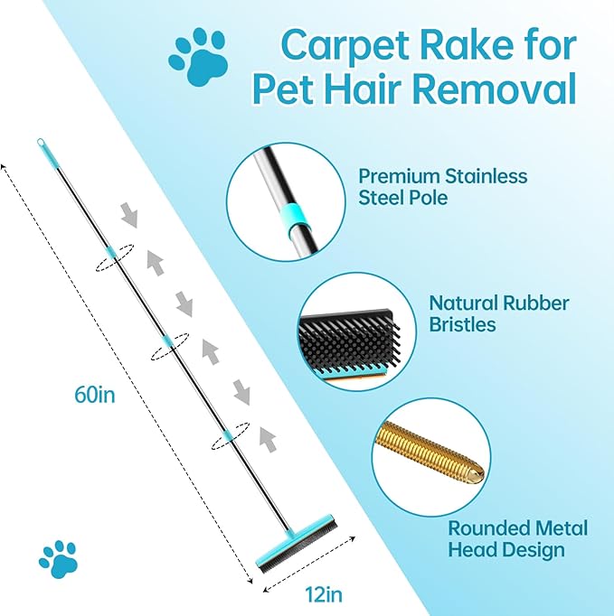 Carpet Rake 60" Long Handle, Pet Hair Removal Broom with Metal Fabric Edge | Carpet Scraper for Matted Carpet, Fluffs Carpets Rugs Mats, Works on Couch Stairs Furniture, Removes Dog Cat Pet Hair Easily