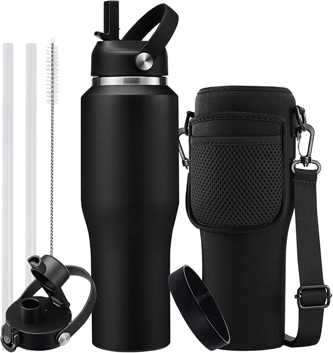 32oz Stainless Steel Water Bottle, Cold-48H & Hot-24H, Water Flask Thermal with Straw & Spout Lids, Pouch, Vacuum Insulated Bottle for Gift Black