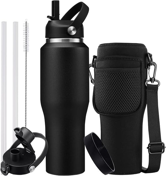 32oz Stainless Steel Water Bottle, Cold-48H & Hot-24H, Water Flask Thermal with Straw & Spout Lids, Pouch, Vacuum Insulated Bottle for Gift Black