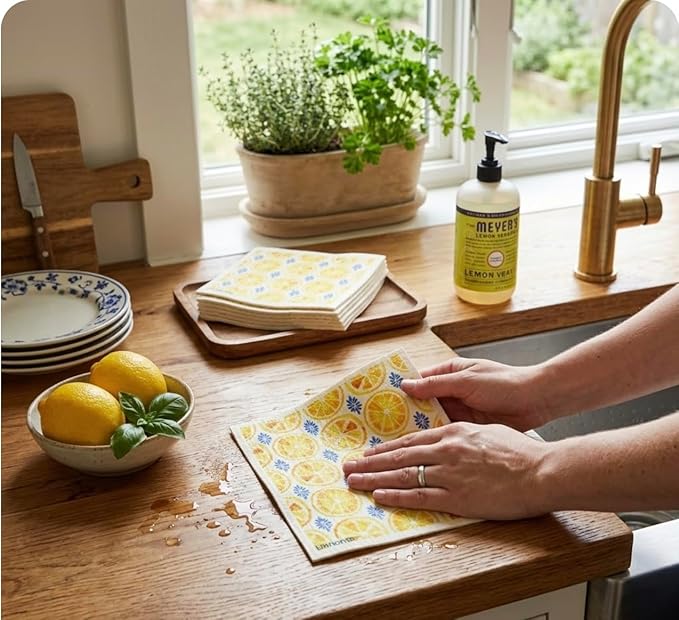 Lemon Collection Swedish Dishcloth, Reusable Paper Towel, Super Absorbent Cellulose Sponge, Kitchen Cleaning Cloth, Washable & Compostable (Lemon Zest Tile - 1 Pack)