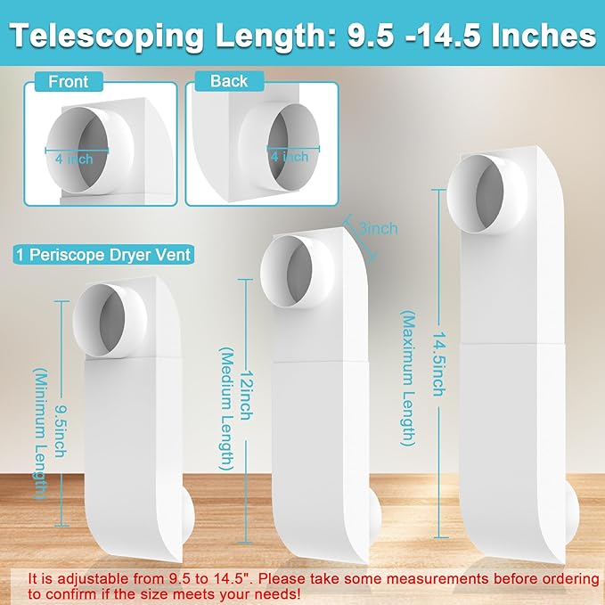 Periscope Dryer Vent Connector Kit, Upgraded 304 Stainless Steel Adjustable 9.5-14.5" Telescoping Dryer Vent Duct Fit all 4 in Outlet Tight Space Slim Flat Exhaust Duct Pipe Hose Replacement Vents