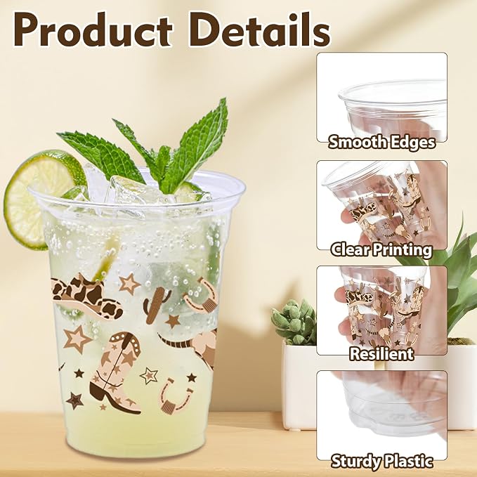 100 Pcs Brown Cowboy Plastic Cups, 16 oz Western Cowboy Disposable Clear Party Cups for Birthday, Baby Shower, Western Theme Parties, Last Rodeo Party Supplies