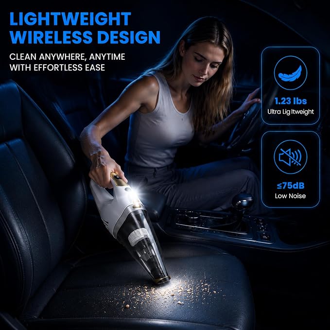 Handheld Vacuum Cordless Rechargeable, Portable Car Vacuum Cleaner | Strong Suction Hand Vacuum with LED Light, Washable Filters and Attachments for Car, Pet Hair, Home and Office