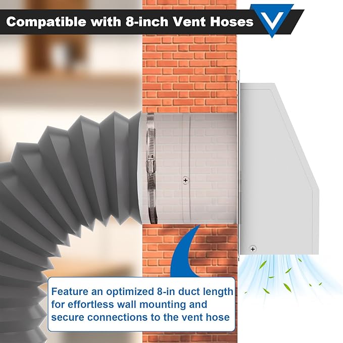 8 Inch Hooded Wall Vent with Screen and Damper, Galvanized Steel Wall Vent Cover with Hose Clamps Aluminum Foil Tape Screws White Metal Hood Cap Exhaust Duct Pipe Kit for Kitchen Bathroom Basement