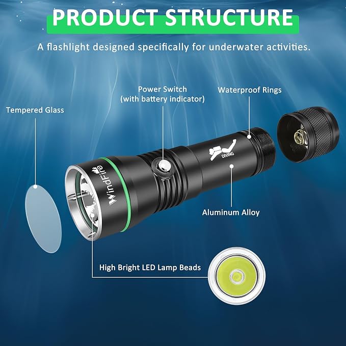 WINDFIRE Rechargeable Scuba Diving Flashlight, Super Bright LED Dive Light, IPX8 Waterproof 60M Underwater Flashlight with 3 Modes for Snorkeling & Cave Diving
