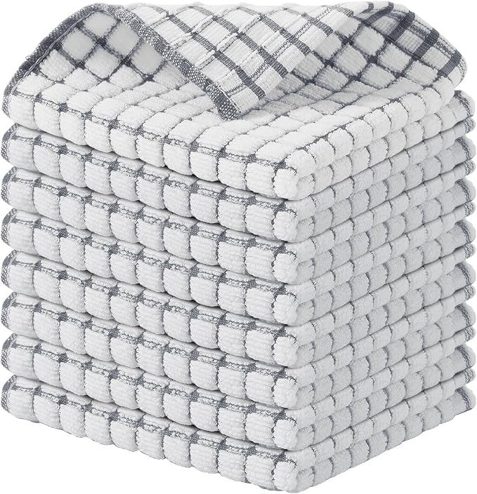 Kitinjoy Cotton 8 Pack Terry Kitchen Dish Cloths, 12 x 12 Inches Super Soft and Absorbent Dish Rags, Quick Drying Dish Towels for Washing Dishes, Grey