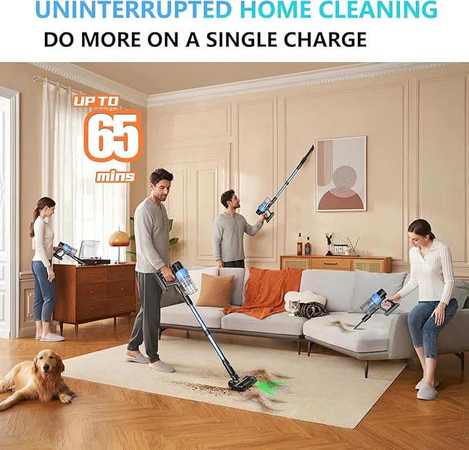Cordless Stick Vacuum Cleaner: 400W & 48kPa Suction with 65Min Runtime, Self-Standing with Green Light & Anti-Tangle Brush, Rechargeable Lightweight Vacuum for Home Pet Hair on Carpet and Hard Floors