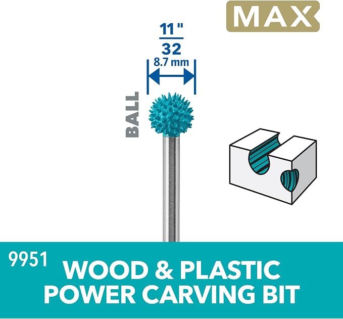 Dremel 9951 Ball Tip 11/32" Power Rotary Carving Bit - Ideal for Removal and Smoothing Applications in Wood, Plastic, Foam, and Rubber