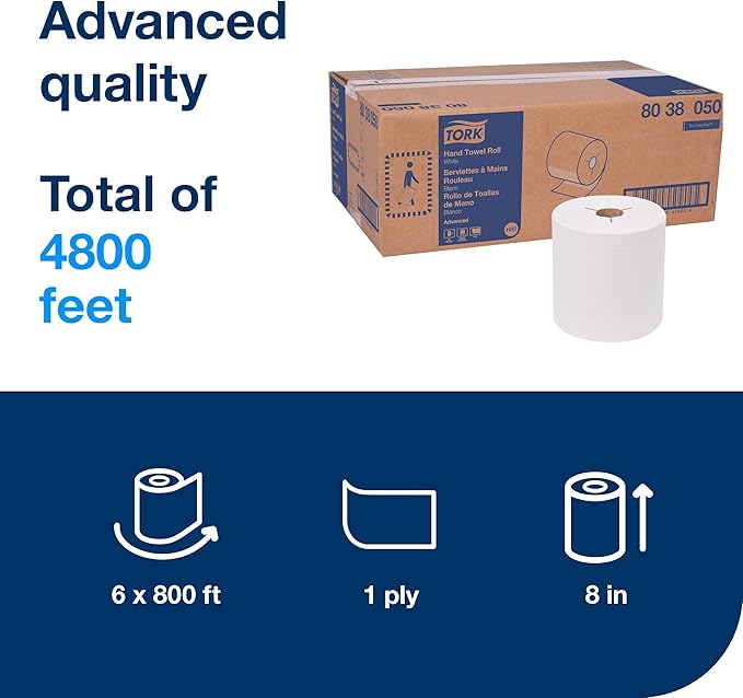 Tork Paper Hand Towel Roll White H80, Advanced, High Absorbency, 6 Rolls x 800 ft, 8038050