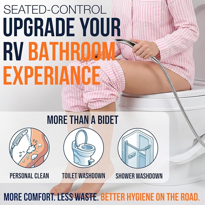Clean Camper RV Handheld Bidet Sprayer – Stay-Seated Design RV Toilet Sprayer, Engineered for All RV Toilets, Backflow Preventer, Extra-Long 5' Hose & Adjustable Pressure