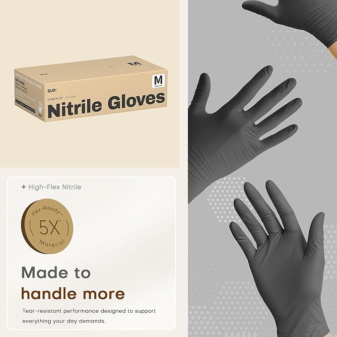 SUP Nitrile Exam Gloves, 1000 Ct Powder Free Latex Free Food Safe Non-Sterile Cooking Cleaning Disposable Medical Glove Black