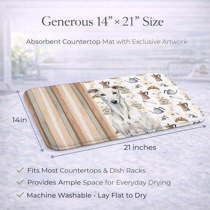 Caroline's Treasures White Greyhound Coffee Bar Dish Drying Mat Absorbent Dish Drying Mat Pad for Kitchen Counter Dish Drainer Mat for Countertop, 14 x 21", Multicolor