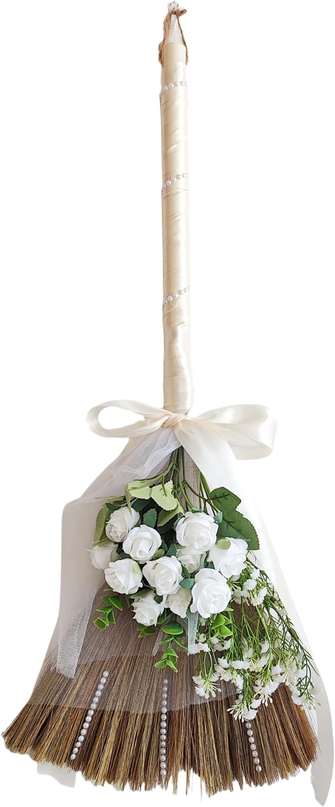 Wedding Broom for Jumping Ceremony, African American Decorative Broomstick DIY Wedding Decor, with White Roses & Babys Breath