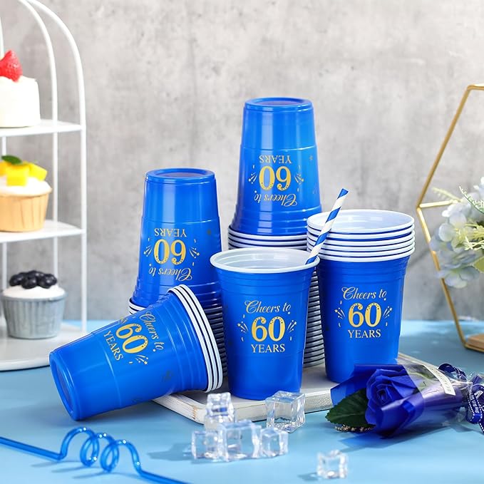Ziliny 50 Pack 60th Birthday Cups 16 oz Cheers to 60 Years Disposable Plastic Cups Gold and Blue Birthday Party Hot Cold Drinks Tool for Party Wedding Anniversary Supplies Decorations