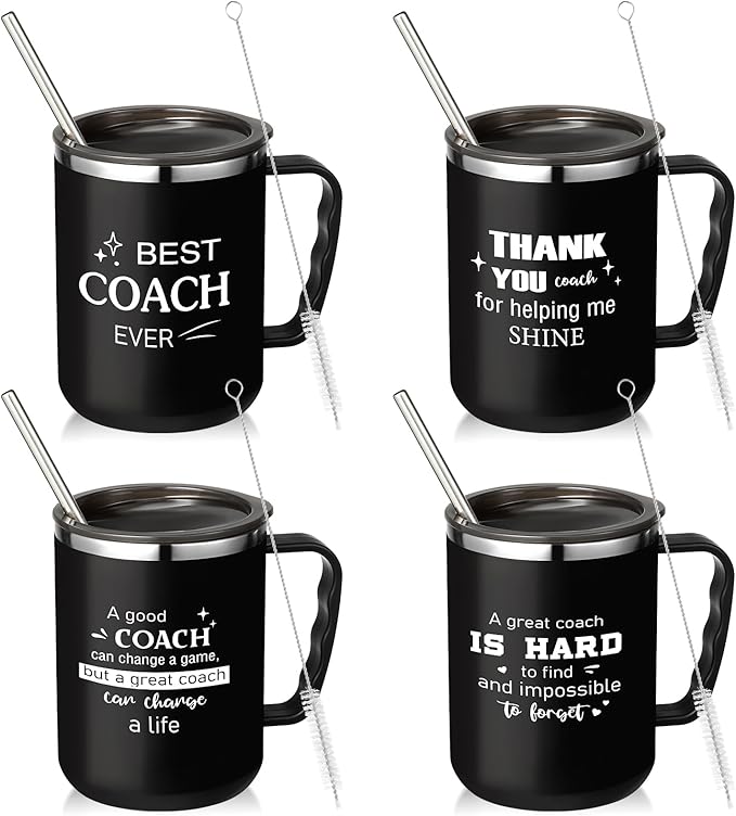 Uiifan 4 Sets Thank You Gifts for Coach Christmas 16 oz Coach Cup with Handle Straw Lid Straw Brush Stainless Steel Insulated Sports Team Coffee Mug for Xmas Appreciation Retirement Gift(Black)