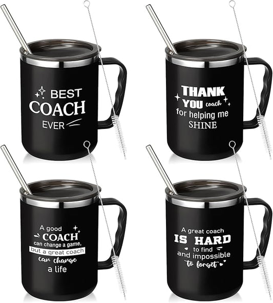 Uiifan 4 Sets Thank You Gifts for Coach Christmas 16 oz Coach Cup with Handle Straw Lid Straw Brush Stainless Steel Insulated Sports Team Coffee Mug for Xmas Appreciation Retirement Gift(Black)