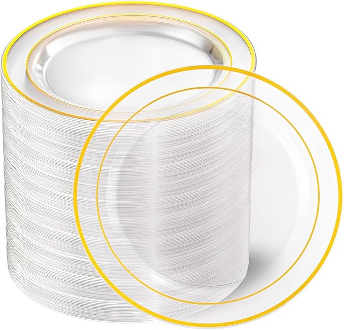 I00000 100PCS Clear Gold Plastic Plates, Clear Dinner Plates with Gold Rim 10 Inch, Fancy Disposable Wedding Premium Plastic Plate for Wedding & Party