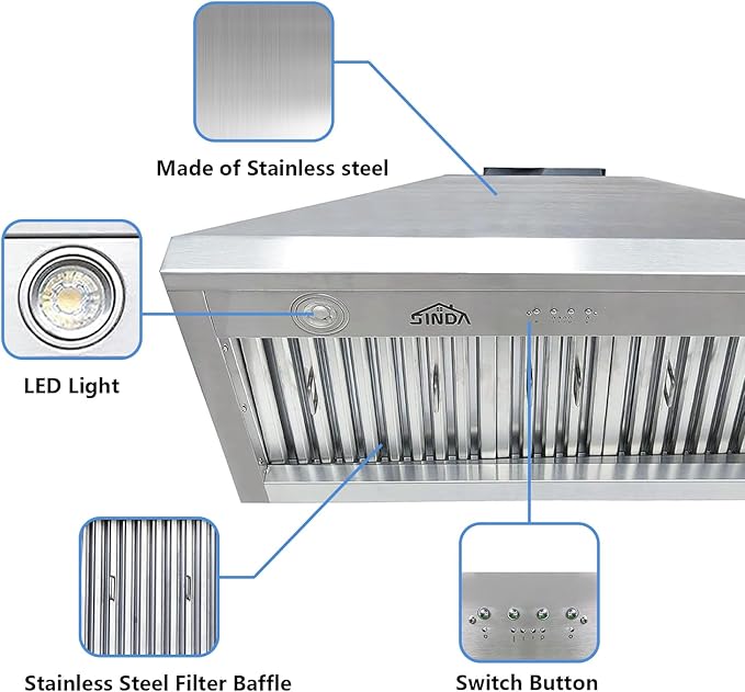 54 Inch Built-In/Insert Range Hood, 4-Speed 1260 CFM, Stainless Steel Under Cabinet Range Hood Kitchen Vent Hood with Liner and Internal Motor, 8" Duct, Adjustable Lights, Baffle Filter