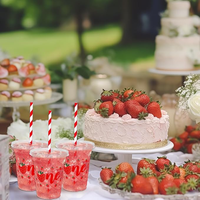 Whaline 50Pcs Strawberry Disposable Plastic Cups with Lids and Straws 12 Oz Sweet One Berry Cold Beverage Drinking Cups for First Birthday Summer Fruit Party