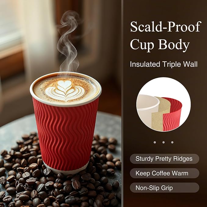 Disposable Wavy Insulated Cups, 12 Ounce, 98 Count, 20 Bonus Lids, for Hot or Cold Drinks, Assorted Colors